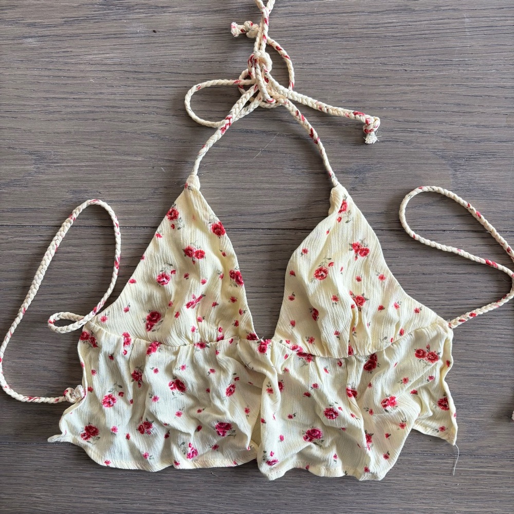 Garage Light Yellow Halter Top with Pink Floral Design & Ties